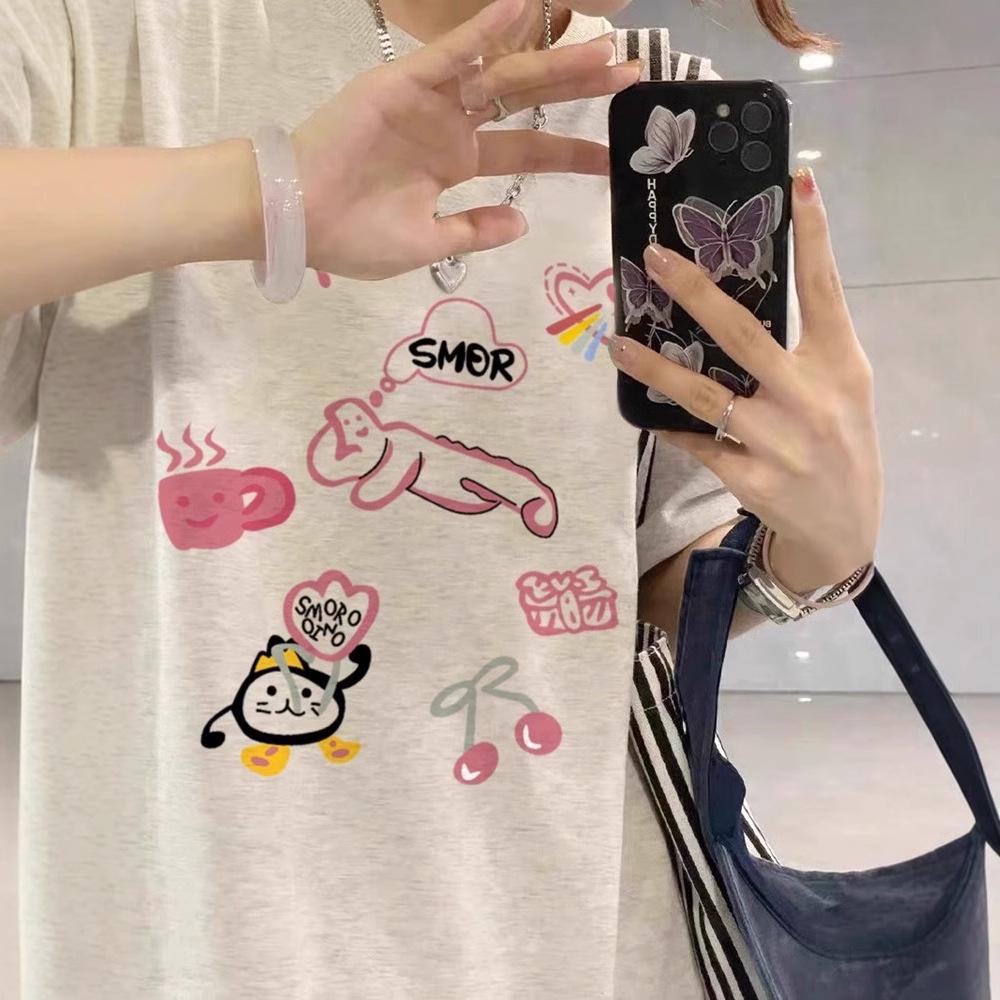 Women's Loose-Fit Cartoon Print Pure Cotton T-Shirt, Chic Hong Kong Style, Trendy American Brand, Plus Size Available