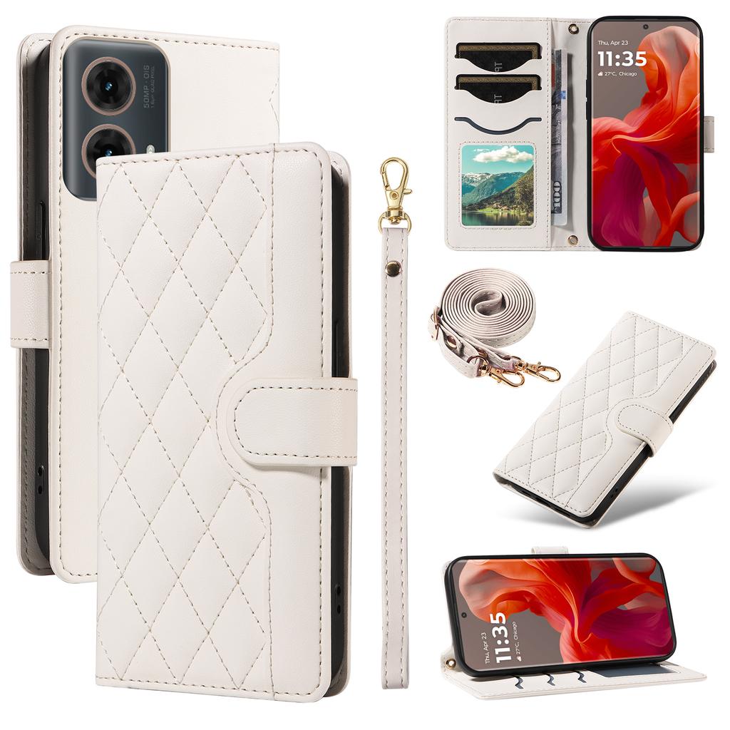 For Motorola Edge 50 Fusion 5G Case Wallet Rhombus Leather Phone Cover with Shoulder Strap,Wrist Strap