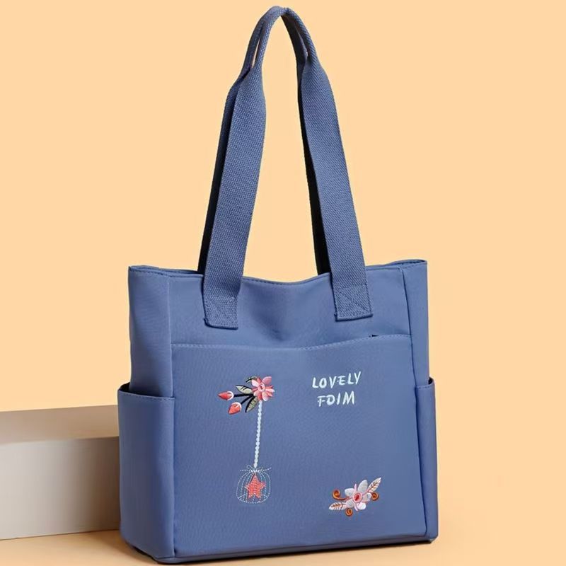Women Oxford Cloth Tote Bag Embroidered Floral Large Capacity Shoulder Bag Zipper Handbag Multi Pocket Casual Shopper Bag