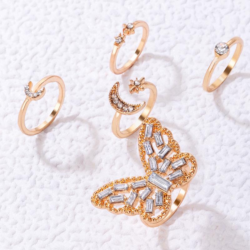 2025 New Creative Wind Butterfly Diamond Open Ring Set Star Moon Five-piece Ring Set