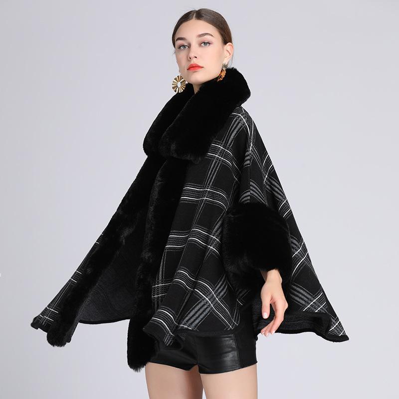Autumn and Winter Women's Faux Otter Hair Collar Plaid Shawl Cape Large Lapel Loose Knitted Cardigan
