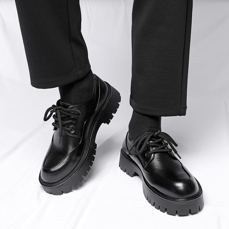 Fashion New Solid Color Men's Thick-Soled Lace-Up Casual Shoe Round-Toed Comfortable British-Style Business Shoe Anti-Slip Walking Shoes