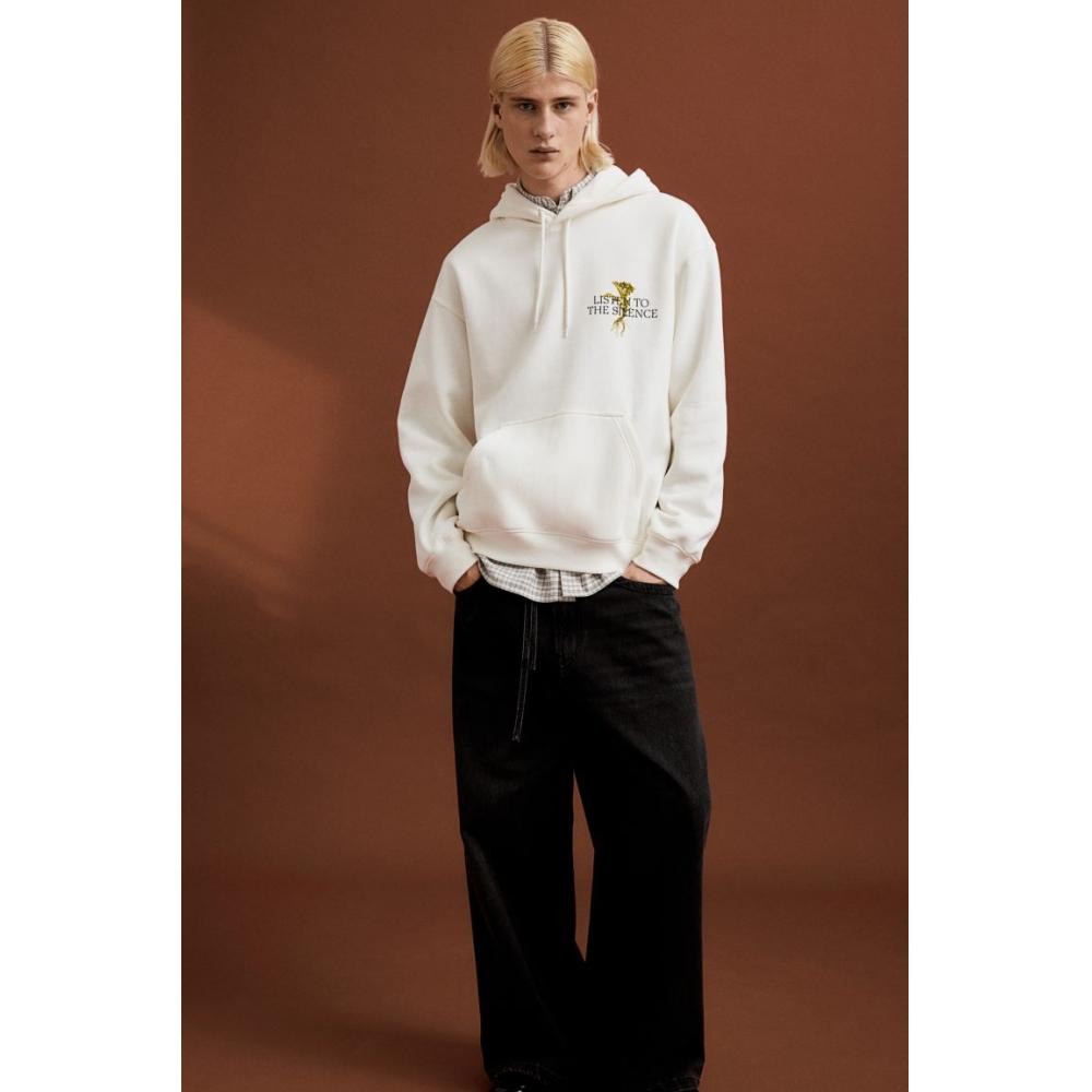 H M Loose Fit Print Hoodie wHite Silence