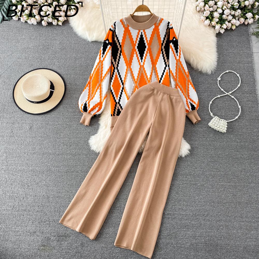 BITCED Conjunto de Moda para Mujer Otoño Invierno Suéter Holgado de Manga Larga a Cuadros Conjunto de Dos Piezas Pantalones de Punto Rectos de Pierna Ancha Adelgazantes de Cintura Alta