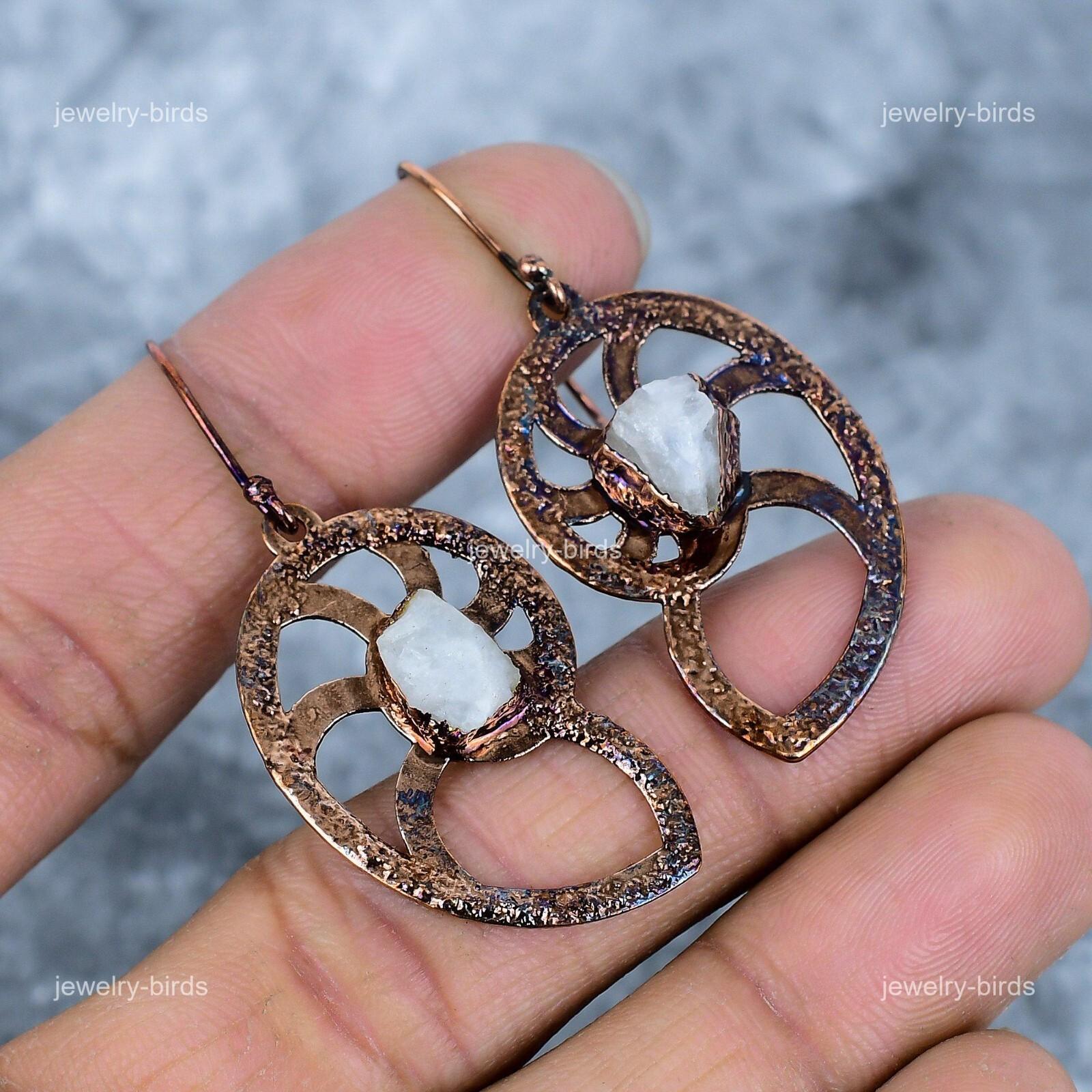 

Лунный камень Медный крючок Серьги-подвески на день рождения Электроформованные серьги для чакры короны VP-103