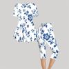 Women Plus Size Round Neck Short Sleeve Blue Floral Printed Flared Top And Capri Pants Two Piece Pajama Set
