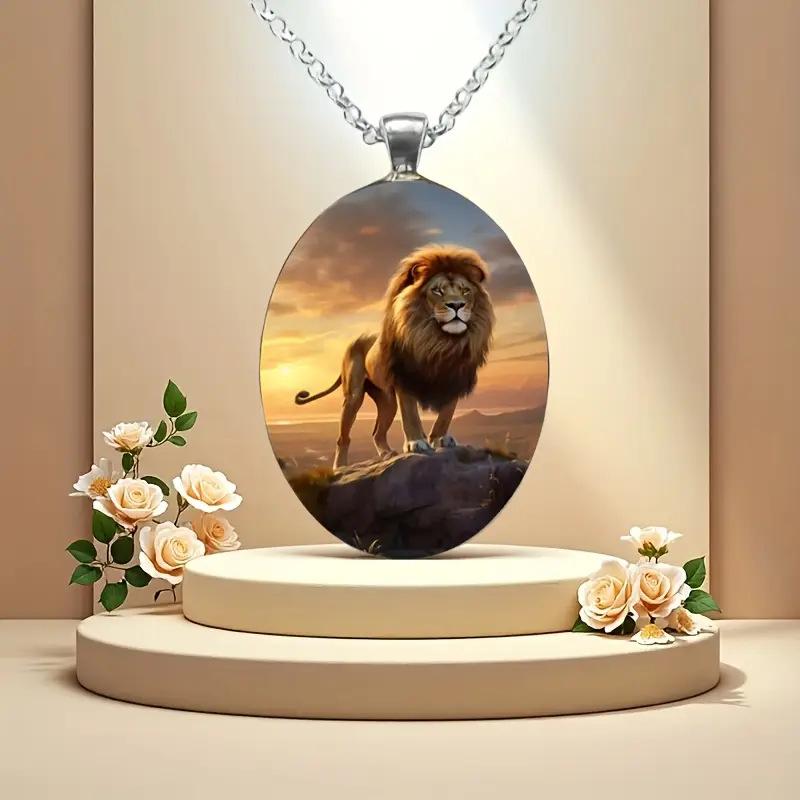 Fashionable Dusk Great Plains Lion Pattern Oval Alloy Pendant Stainless Steel Necklace