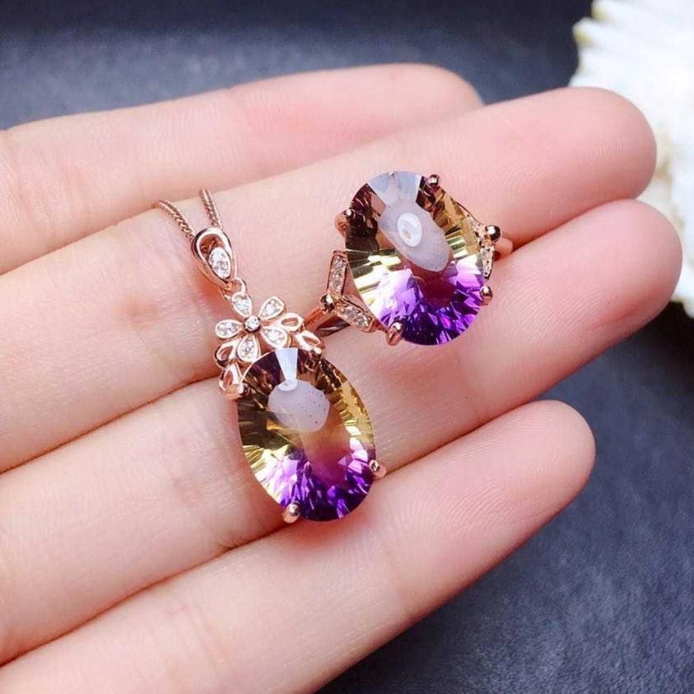 Luxury Women Jewelry Set Watermelon Tourmaline Necklace and Shimmering Amethyst Ring Pendant