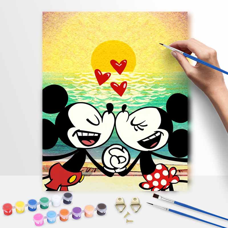 Disney Oil Painting Kit, Romantic Mickey Minnie Kissing Canvas DIY Home Decor, Sunset Beach Scene Art, Hand Paint Gift, 138 Characters