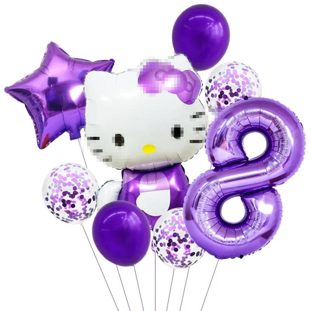 Cartoon Cat Pink Purple Rose Red Digital Bow Aluminum Film Balloon Baby Birthday Background Decoration Party