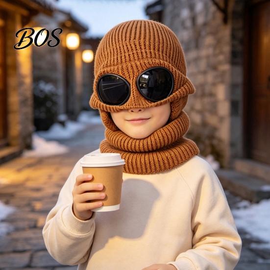 Kids Winter Gift for School Travel 1 Set Knit Hat Neck Warmer Kids, Earflap with Goggles, Windproof Riding Toddlers Fleece Lined Aviator Cap,