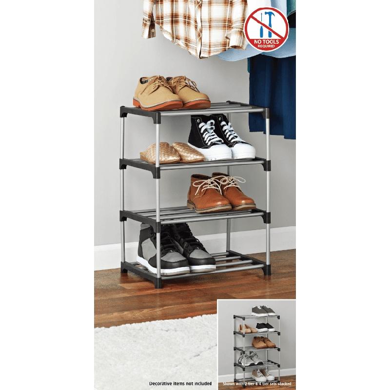 4 Tier Stackable Shoe Rack Holds 8 Pairs Metal Tube Plastic Connectors Durable Modular Storage Solution Closet Entryway Garage
