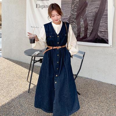 Nuovo Abito di Jeans Retrò Stile Hong Kong 2024: Set Camicia a Maniche Lunghe e Gonna Gilet in Denim