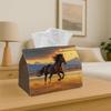 2D Flat, 1 Tissue Box, 2D Plane, Single-sided Printing, 1 Realistic Western Natural Style - Fabric Napkin Holder with Galloping Horses and Sunset Fiel