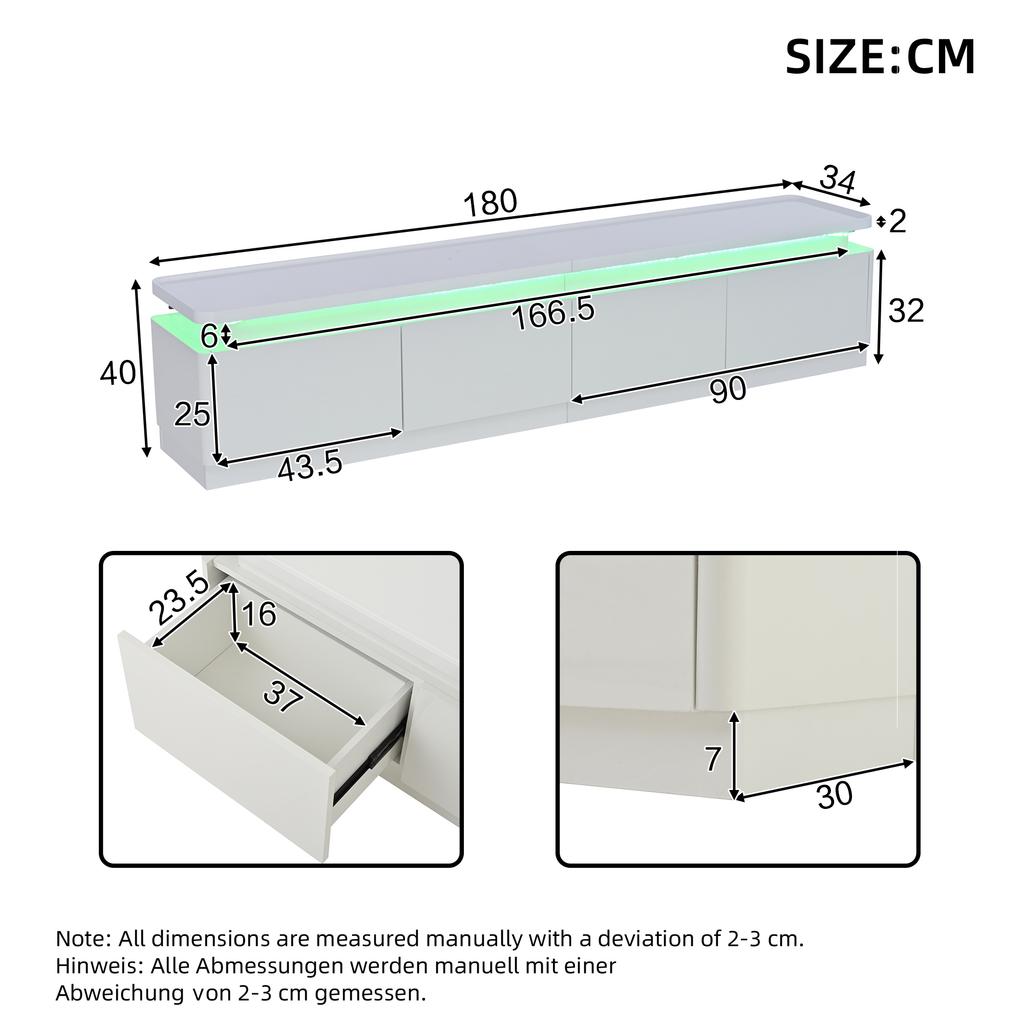 Modern, Minimalist, White High-Gloss TV Cabinet-Coffee Table Combination: with LED Lights + 4 Drawers, Suitable for 75-Inch TVs