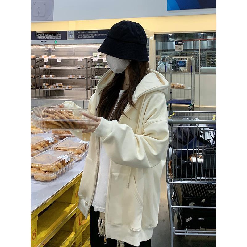 Heavyweight Large Fish Scale Oversized Milk Apricot Zipper Hoodie Cardigan for Women - Early Autumn Student Jacket