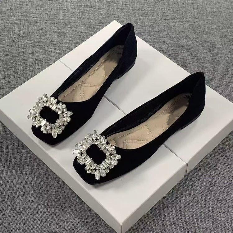 Square Head Shallow Mouth Single Shoes Women's Flat Bottom 2025 New Summer Shoes French Temperament Rhinestone French Black Ladyshoes