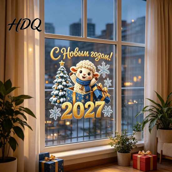 Removable Window Film for Home Russian New Year Sheep Cling 2027 PVC Static Sticker with Scratch Resistant Bathroom Decals Tree and Snowflake
