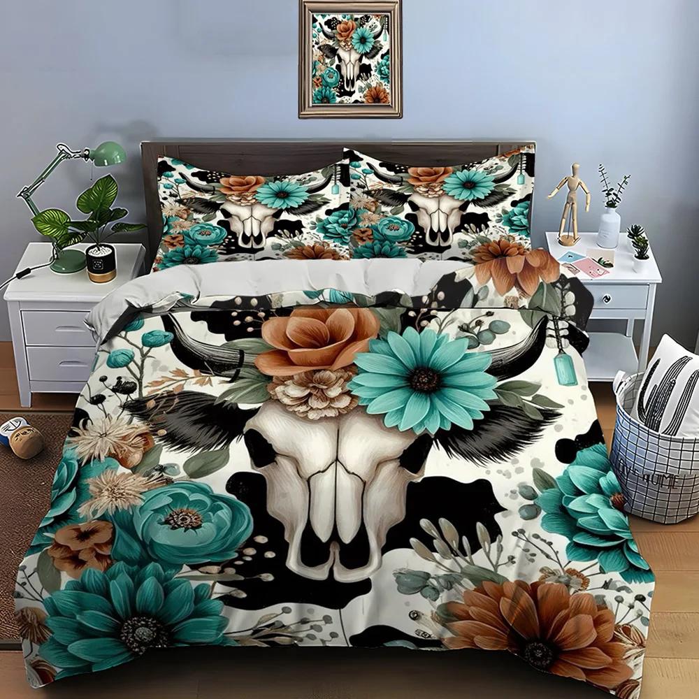 Native American Cattle Skull Art Print Bedding Set Duvet Cover 1 Duvet Cover 2 Pillowcases Adult and Kids Bedding Set Luxury