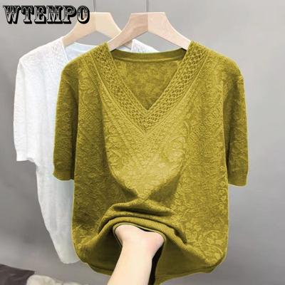 Summer Women's Knitted T-shirt Ice Silk Hollow Hook Flower Knitted Sweater Looks Slim V-neck T-shirt Top