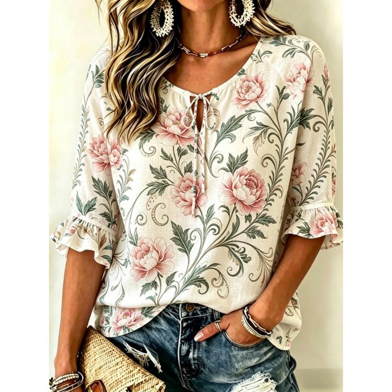 Women's Sunflower Paisley Print Tie Front Blouse, Casual Loose Top for Spring Summer Daily Wear