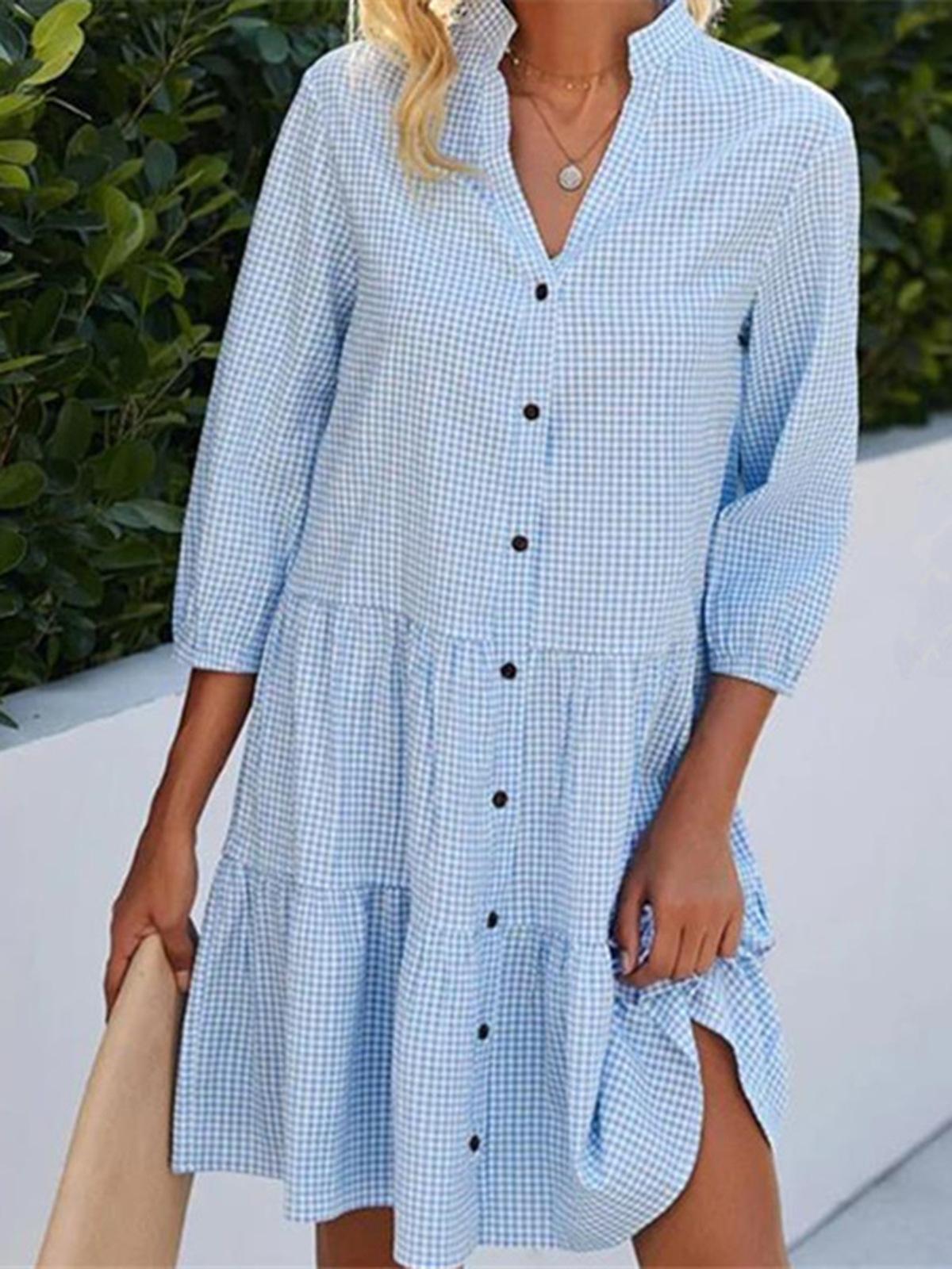 Women s Stand Collar Three Quarter Sleeve Mini Shirt Dress Loose Fit Gingham Tiered Ruffle Hem Casual Cotton Dress S