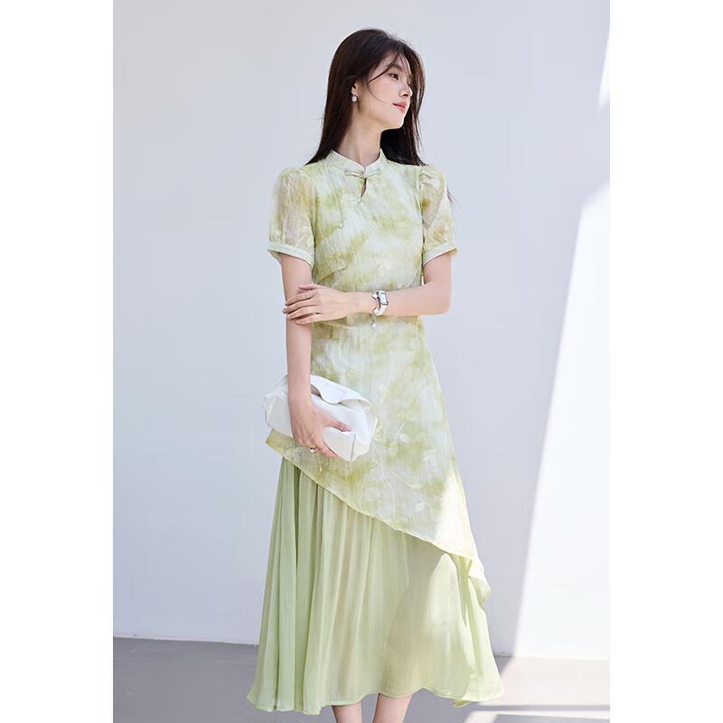 VICTORIA&VERA Summer New Chinese Style Embroidered Faux Two-Piece Cheongsam Midi Dress