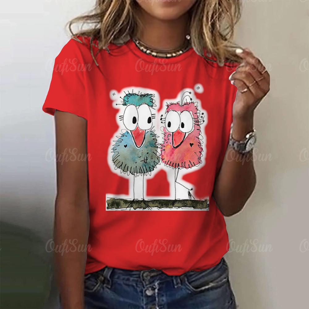 Maglietta da Donna con Grafica di Uccello Cartone Animato Estate Nuova Girocollo Pullover Femminile Ampia Street Maniche Corte T-shirt Moda Abbigliamento da Donna