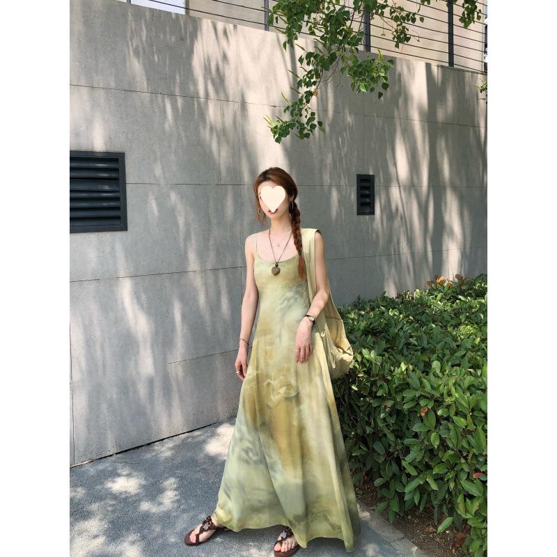Smudge suspender dress women's summer green waist beach gauze skirt seaside vacation dress
