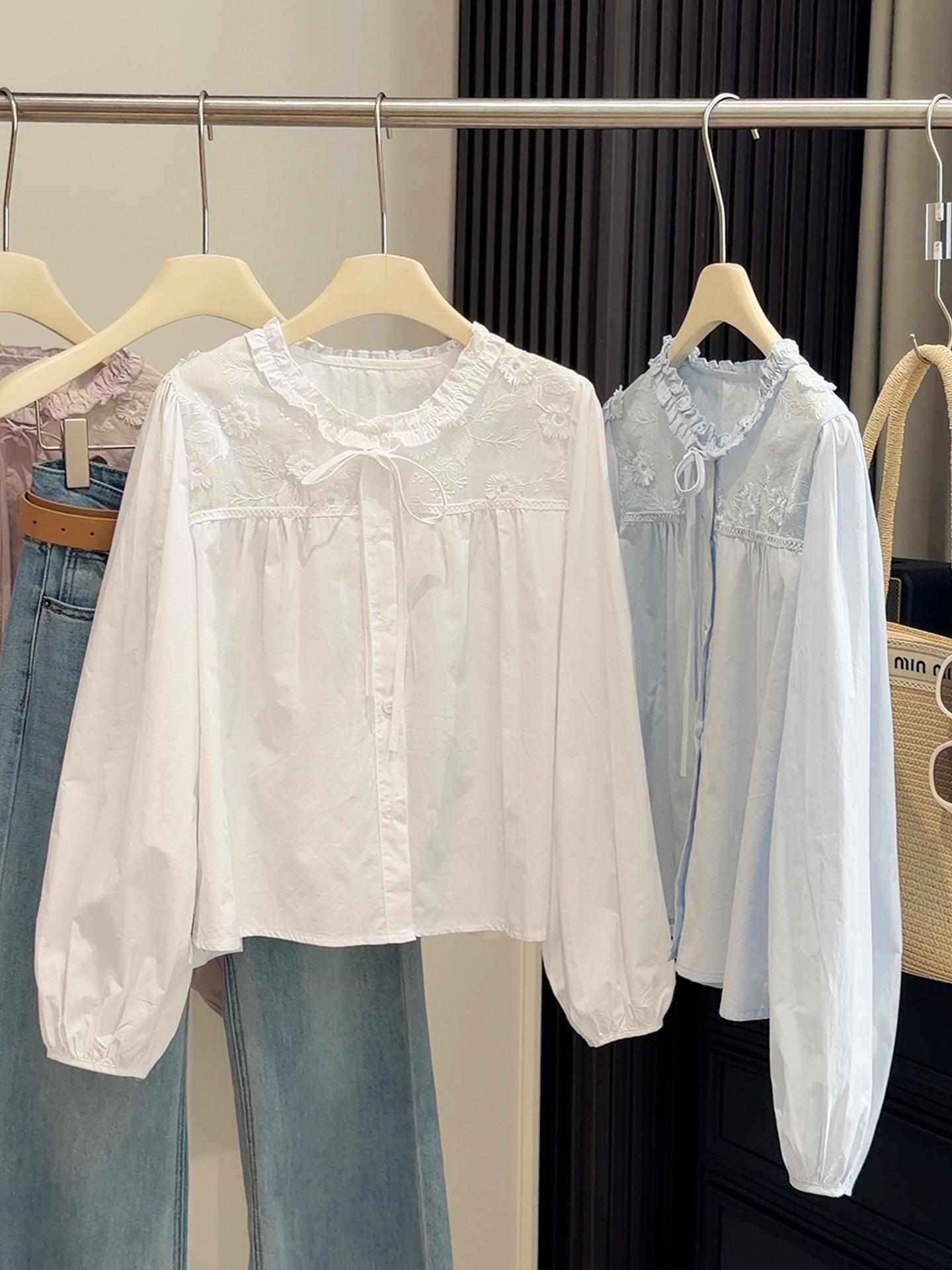 

Korean Sweet Ruffle Neck Embroidered Women s Shirt - Spring Blue Long Sleeve Cardigan Top One Size білий