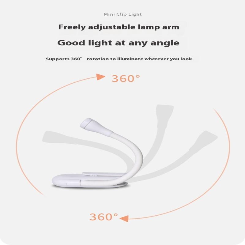 Mini Lampka Książkowa LED Ochrona Oczu Regulowany Klips 360Fahrenheitlip Lampka do Nauki Akumulatorowa 3 Kolory Do Podróży Sypialni Czytania