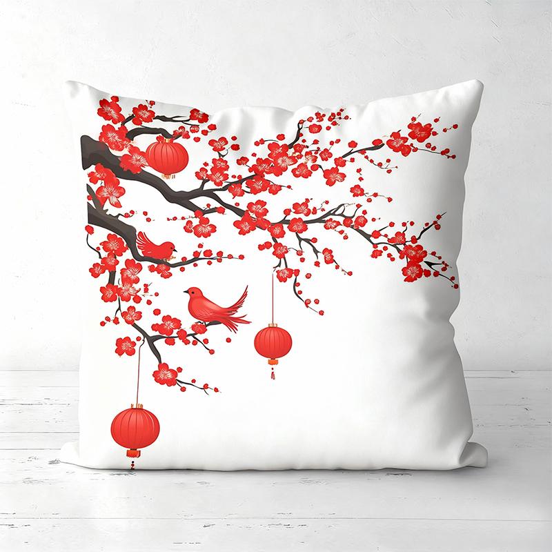 Red Plum Blossom Patterned White Cushion Pillow Covers Polyester pillowcase, sofa decorative cushion cov Headboard Pillow