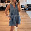 Trendy European & American Women's Mid-Summer Denim Jumpsuit - Pure Cotton, Washed, Pleated, Deep V Lace-Up Shorts