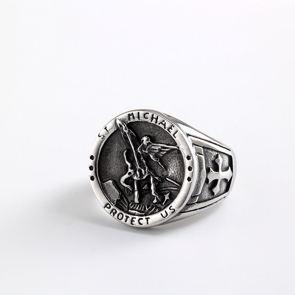 Vintage Titanium Steel Ring Archangel St. Michael's Dragon Slayer Ring Men's Stainless Steel Jewelry