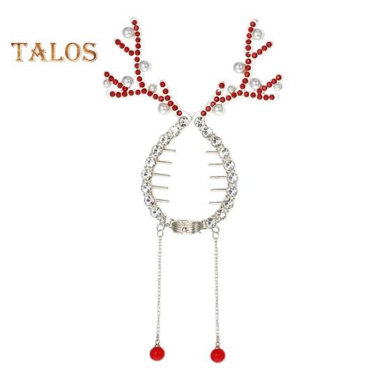 

Рождественская заколка для волос в виде оленя, блестящие стразы, искусственный жемчуг, держатель для пучка для хвоста, женские и женские аксессуары для волос красный