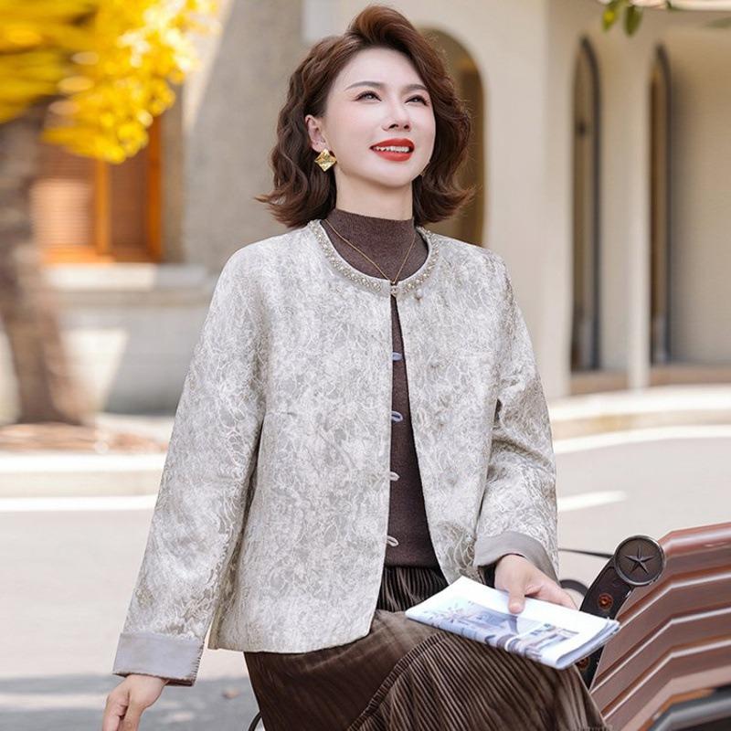 Middle-aged and elderly temperament Spring and autumn Chinese jacket short top New middle-aged and elderly women's clothing