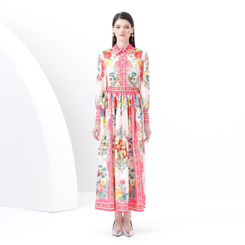 

Весна-лето Дизайнерский винтажный принт Подиумный комплект из 2 предметов Женская рубашка с лацканами Топы и длинная юбка макси Праздничный комплект для вечеринки XXL розовый