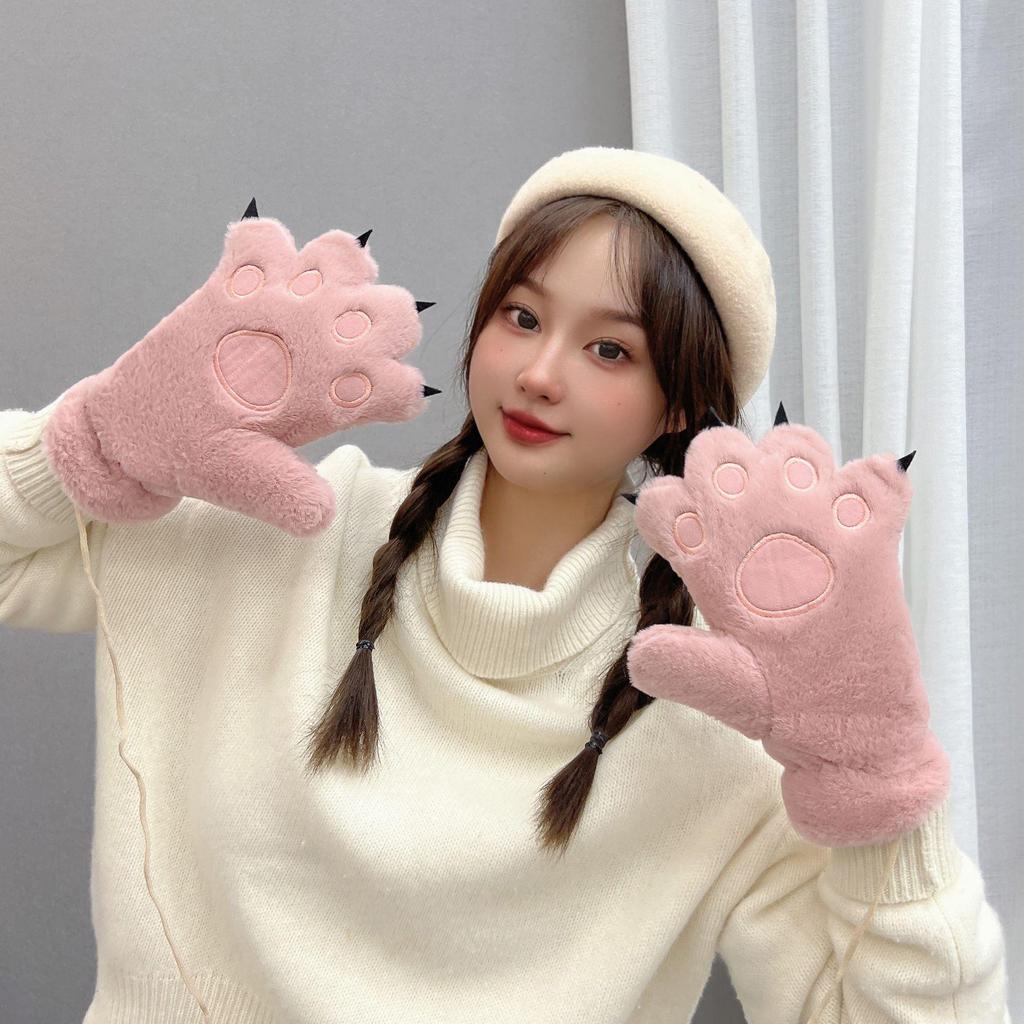 Gants Mignons d'Automne et d'Hiver pour Femmes avec Pattes d'Ours et de Chat en Peluche - Épais, Chaud, Design Cartoon pour Étudiantes