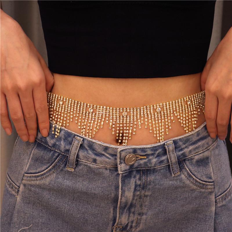European And American Exaggerated Catwalk Feng Shui Diamond Fringed Waist Chain Spice Girl Sexy Low Waist Nightclub Decoration Super Flash Temperament