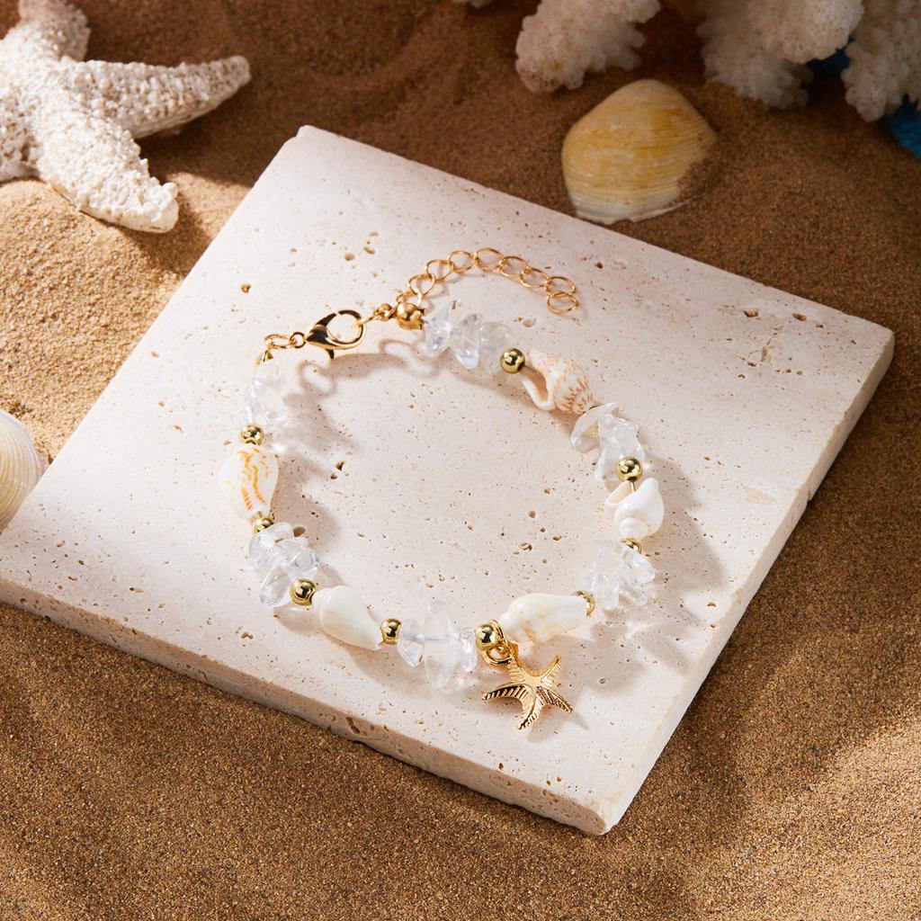 Boho Cowrie Shell Anklet for Women Natural Crystal Stone Beads Gold Color Starfish Charm Foot Chain Summer Beach Jewelry Gift