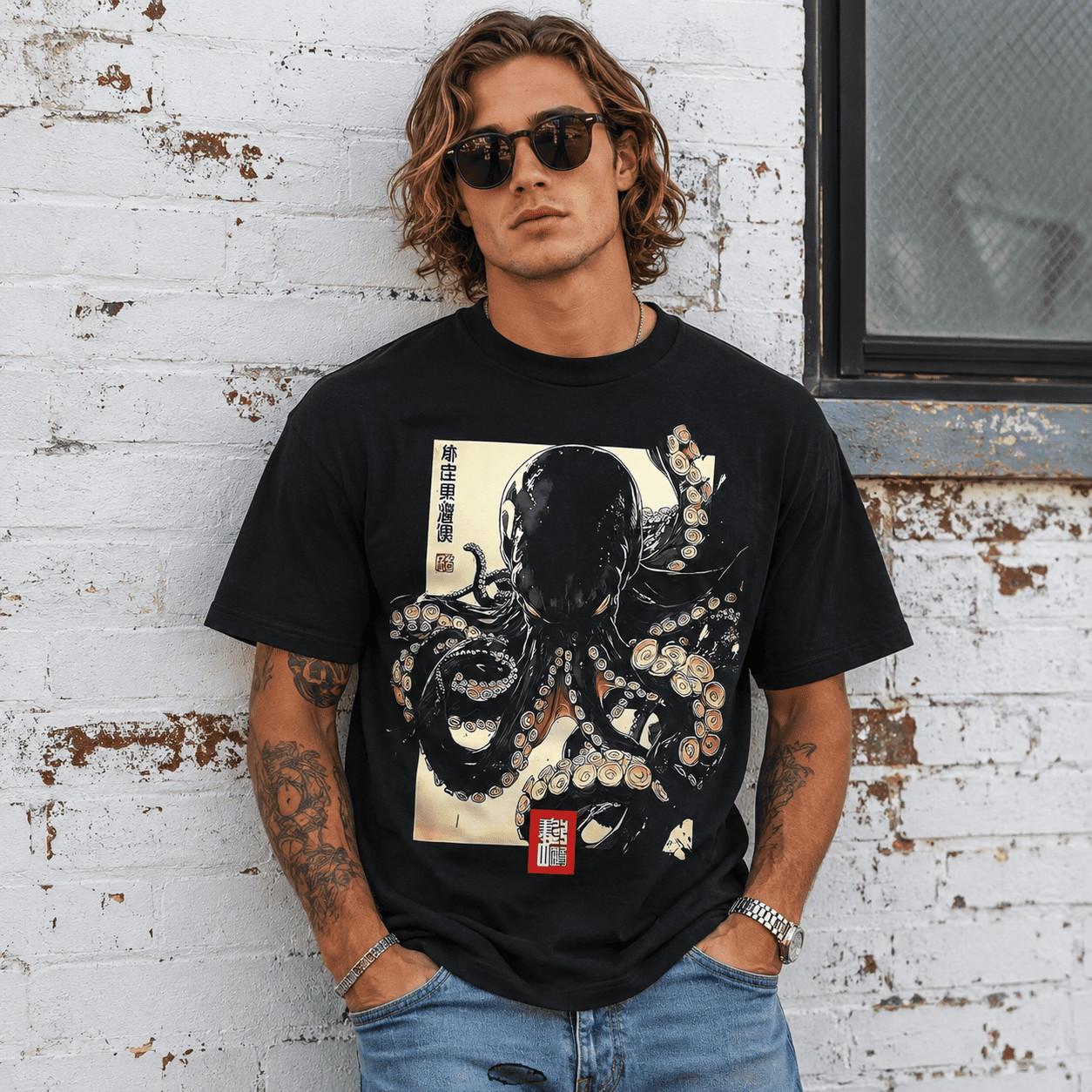 Japanese Octopus T Shirt Dark Art Print Graphic Streetwear Casual Tee Top L