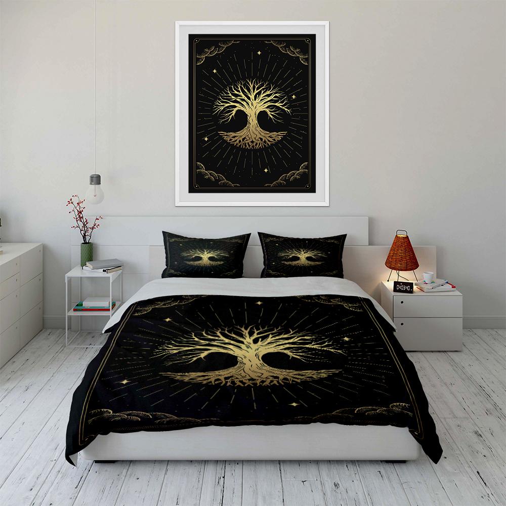 Golden Tree of Life Design Bedding Set Bedding Set (1 Duvet Cover, 2 Pillowcases, Duvet Not Included)