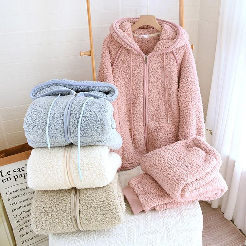 Warm Fleece Pajama Set Couples Winter Thick Coral Hooded Zipper Sleepwear Lounge Wear Men Women