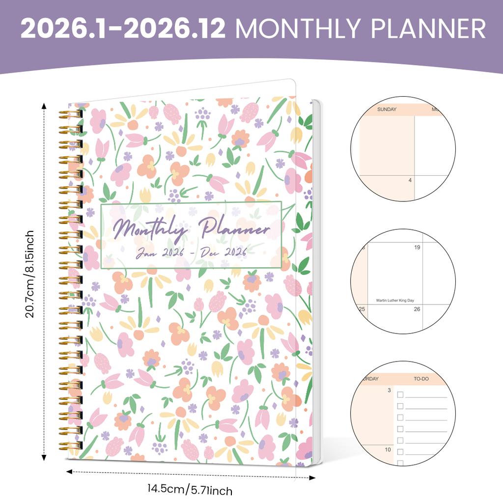 2026 A5 Monthly Planner, Floral Cover,Academic Agenda with Notes&To Do List,Perfect for Productivity,Time Management,Great Gift