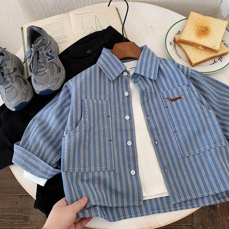 Autumn 2025 Boys' Striped Embroidered Cardigan Shirt - Versatile Casual Kindergarten Style