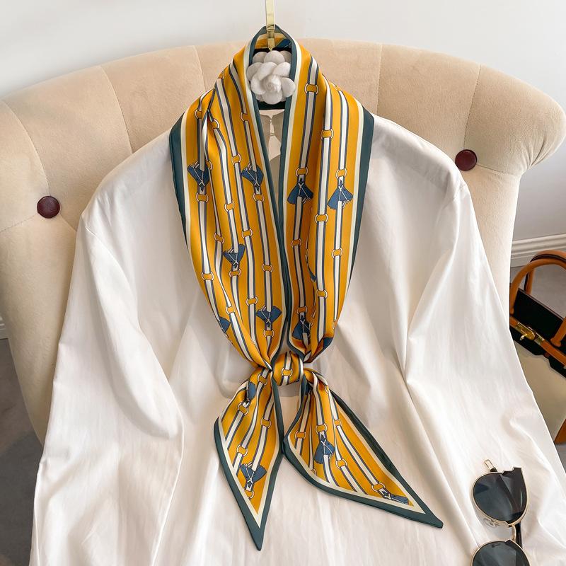 Long small silk scarf women's spring, autumn and summer black neck protection scarf with shirt streamer ribbon belt thin scarf