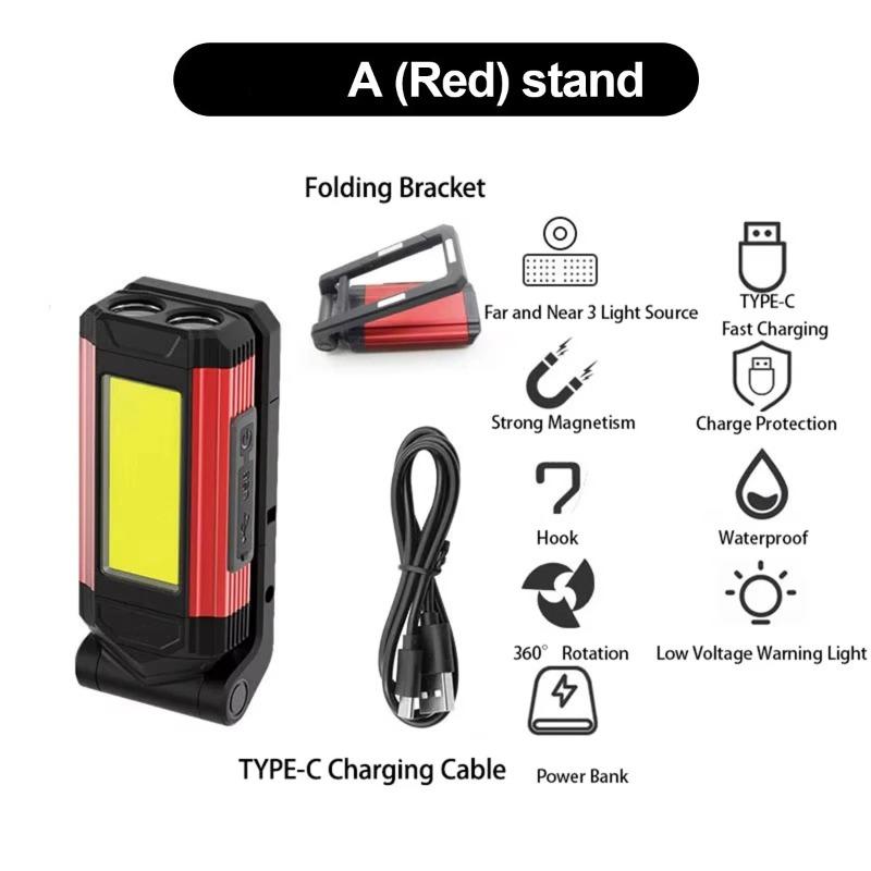 LED-Arbeitsleuchte mit USB-C-Ladefunktion, roter Magnet, wasserdicht, mit Haken, wiederaufladbar, faltbar, COB-Rotationsleuchte, hellste Leuchte