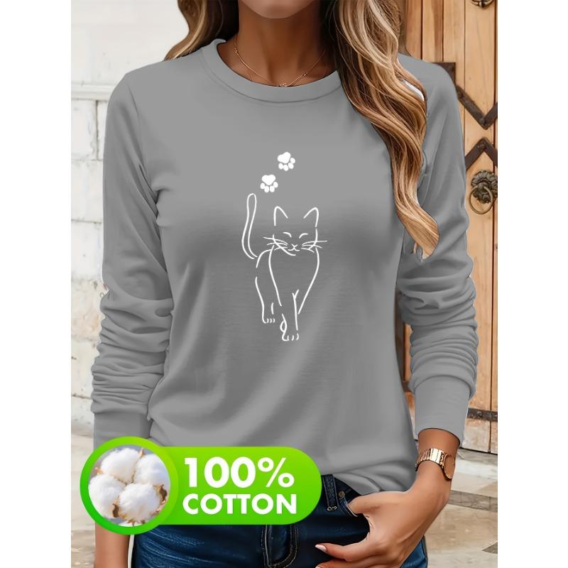 Women's spring and autumn comfortable casual fashion long sleeved cat graphic printed round neck T-shirt