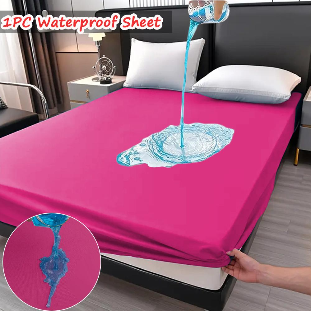 Super Waterproof Fitted Sheet Solid Color Non-Slip Mattress Protector Cover Comfortable Bedding with Elastic Band Deep Pocket