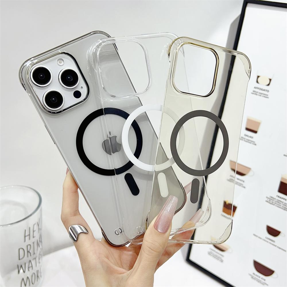 Ultra Thin Clear PC For Magsafe Frameless Phone Case For 17 15 16 Plus 12 13 14 Pro Max Wireless Charging Hard Back Cover
